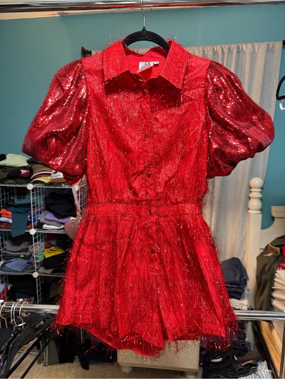 Queen of Sparkles Red Tinsel Sequin Puff Sleeve Romper XS NWOT